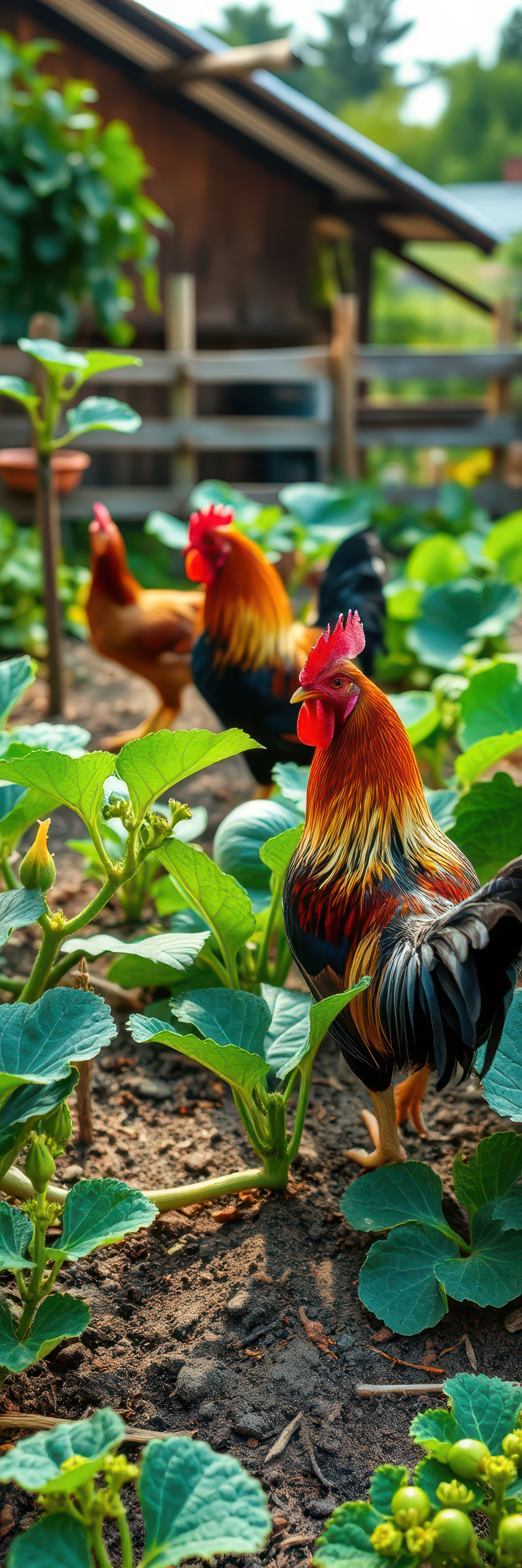 A rooster walks through a garden in the afternoon, surrounded by lush green plants